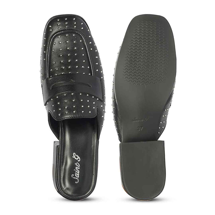Best ladies studded black leather penny-bar moccasins, women's top and sole flat lay, UK
