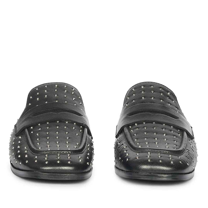 Women's studded black leather penny-bar moccasins, ladies toe front view – best UK