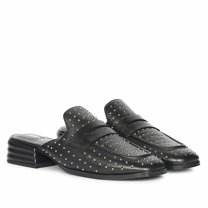 Women's studded black leather penny-bar moccasins, ladies pair view – best sellers UK