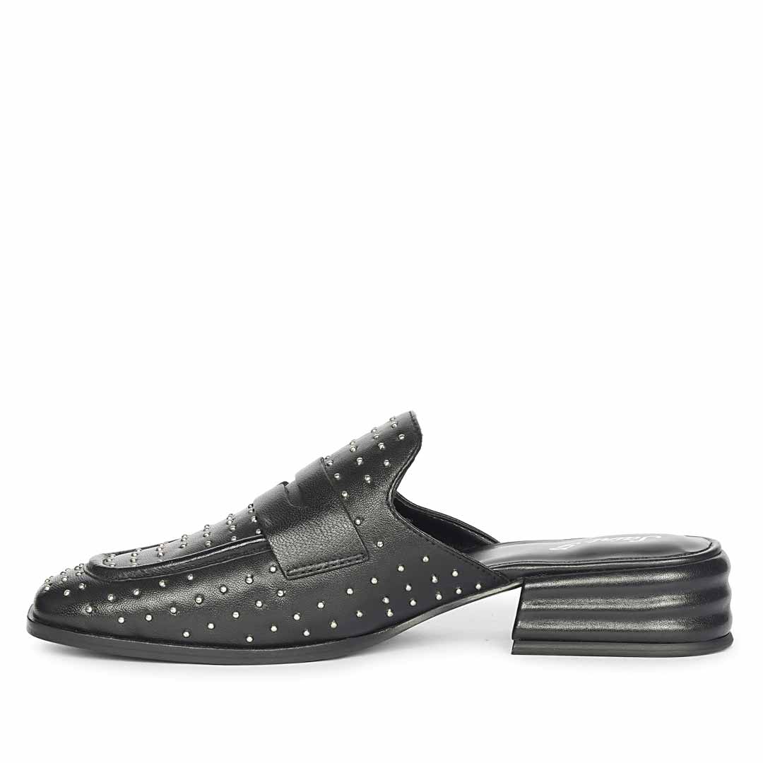 Ladies studded black leather penny-bar moccasins, best women's side angle view, UK