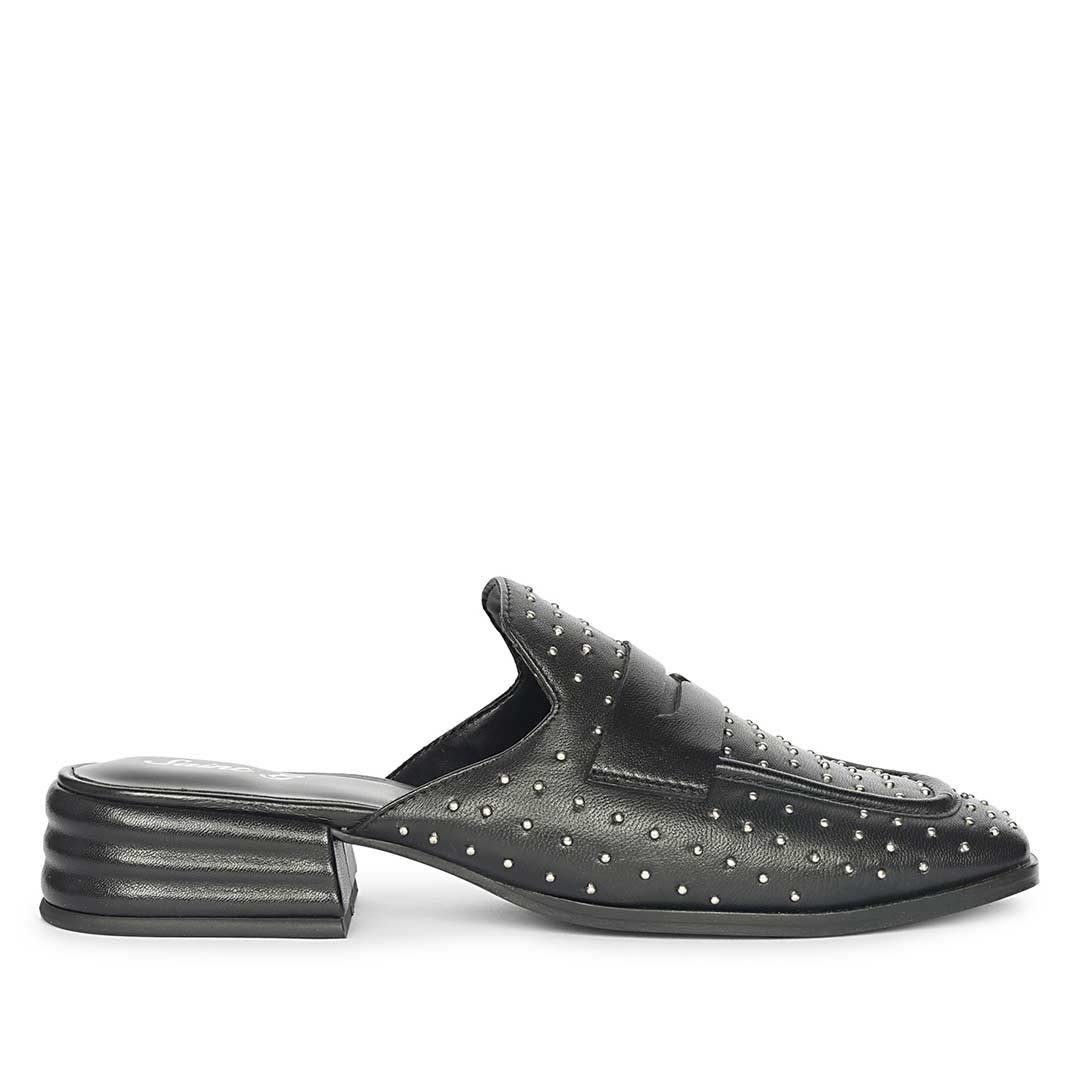 Best studded black leather penny-bar moccasins for women – ladies side profile view, UK