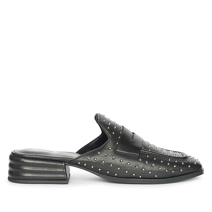 Best studded black leather penny-bar moccasins for women – ladies side profile view, UK