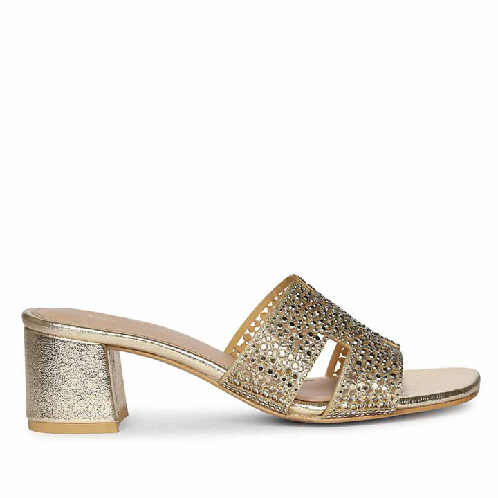 Gold low block heels for women crystal embellished mule – side view