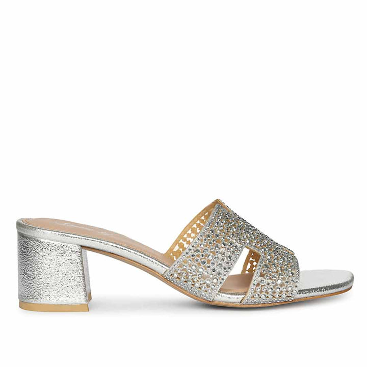 Silver low block heels for women crystal embellished mule – side view