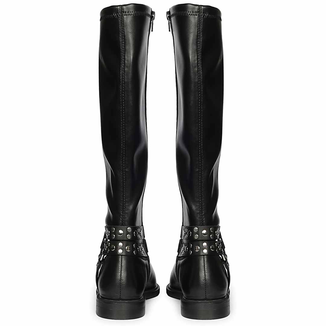 Saint Selene black leather long boots for women, back pair view showing zip and strap
