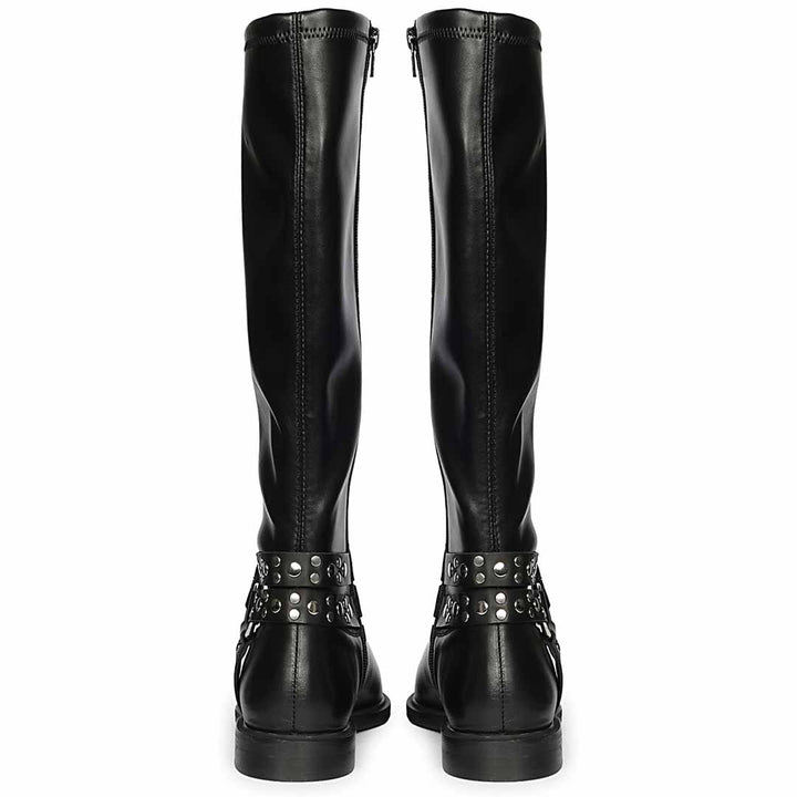 Saint Selene black leather long boots for women, back pair view showing zip and strap