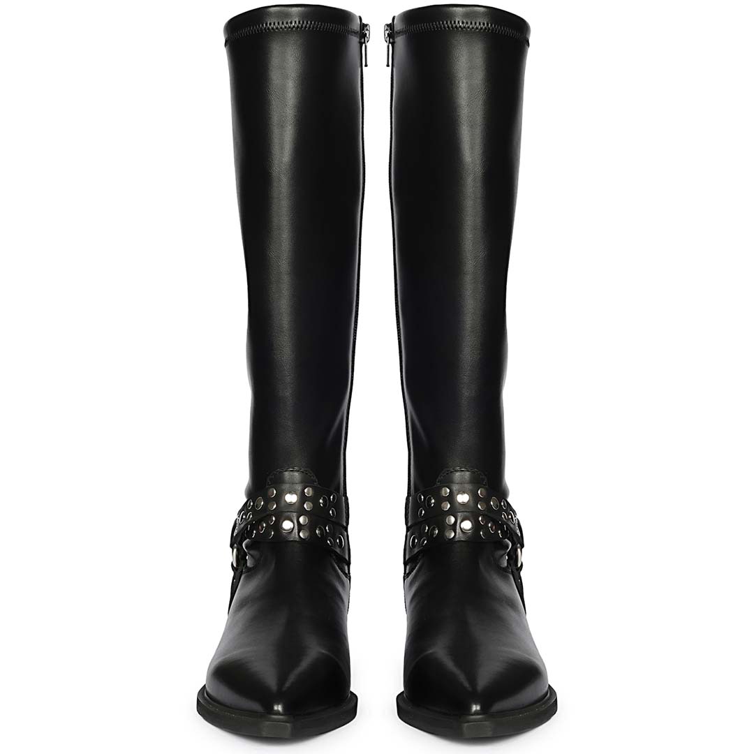 Women's Saint Selene black long boots, front pair view of studded O-ring strap