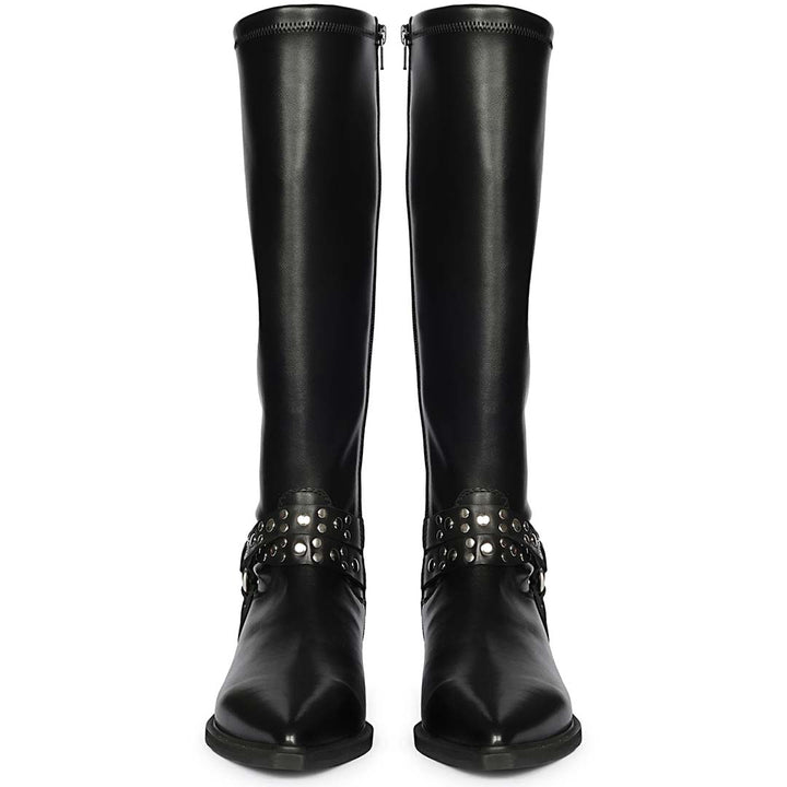 Women's Saint Selene black long boots, front pair view of studded O-ring strap