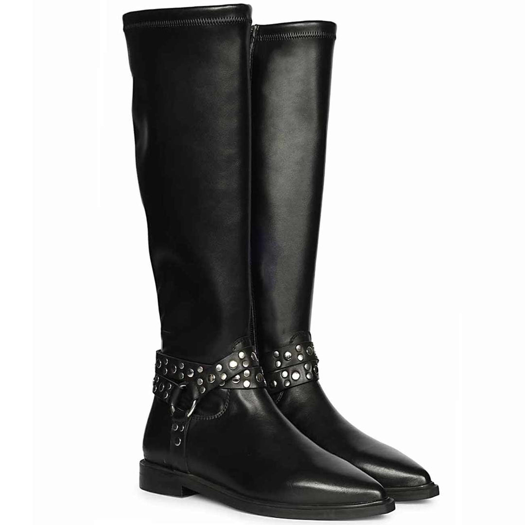 Saint Selene black stretch napa long boots for women UK, pair view showing studded O-ring strap