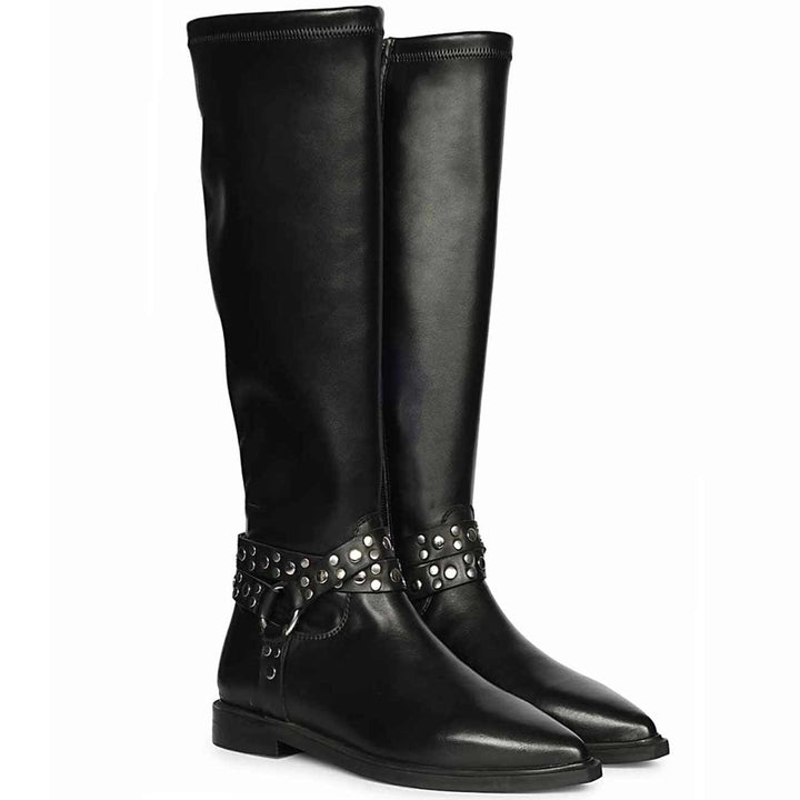 Saint Selene black stretch napa long boots for women UK, pair view showing studded O-ring strap