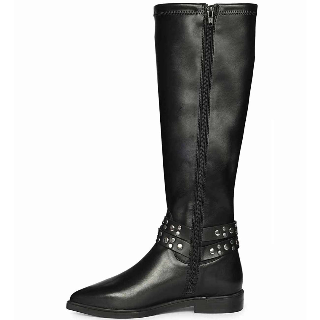 Saint Selene studded long boots, side view showing front zip and O-ring harness strap
