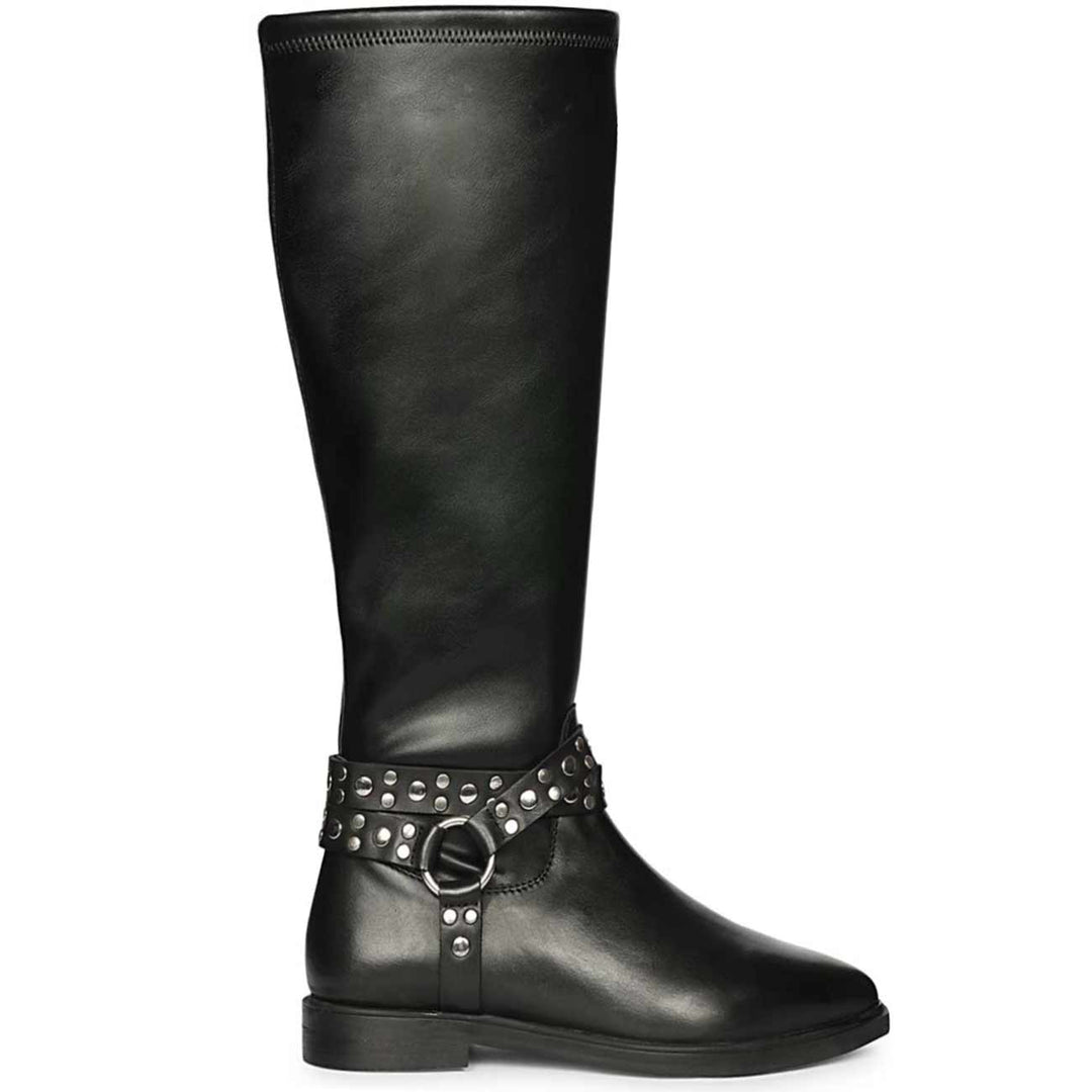 Saint Selene studded O-ring strap black long boots for women, side view of harness strap detail