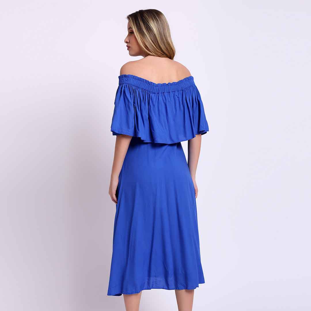 Women's off-shoulder midi dress by Saint Sephora, back view.