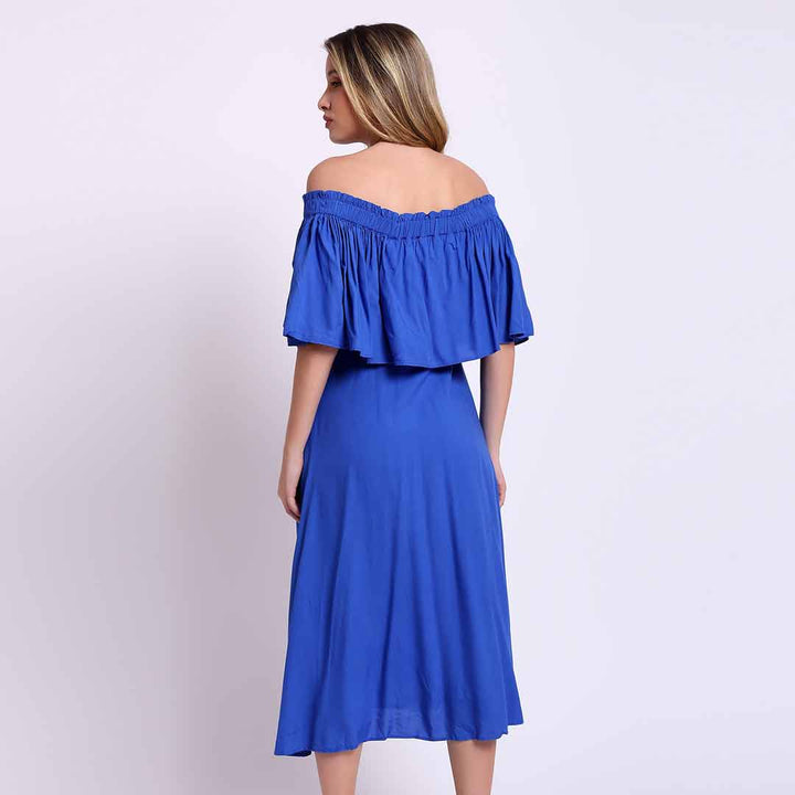 Women's off-shoulder midi dress by Saint Sephora, back view.