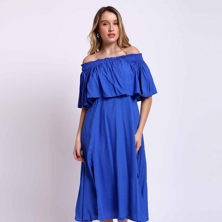 Saint Sephora blue off-shoulder midi dress for women UK, front view with ruffle neckline.