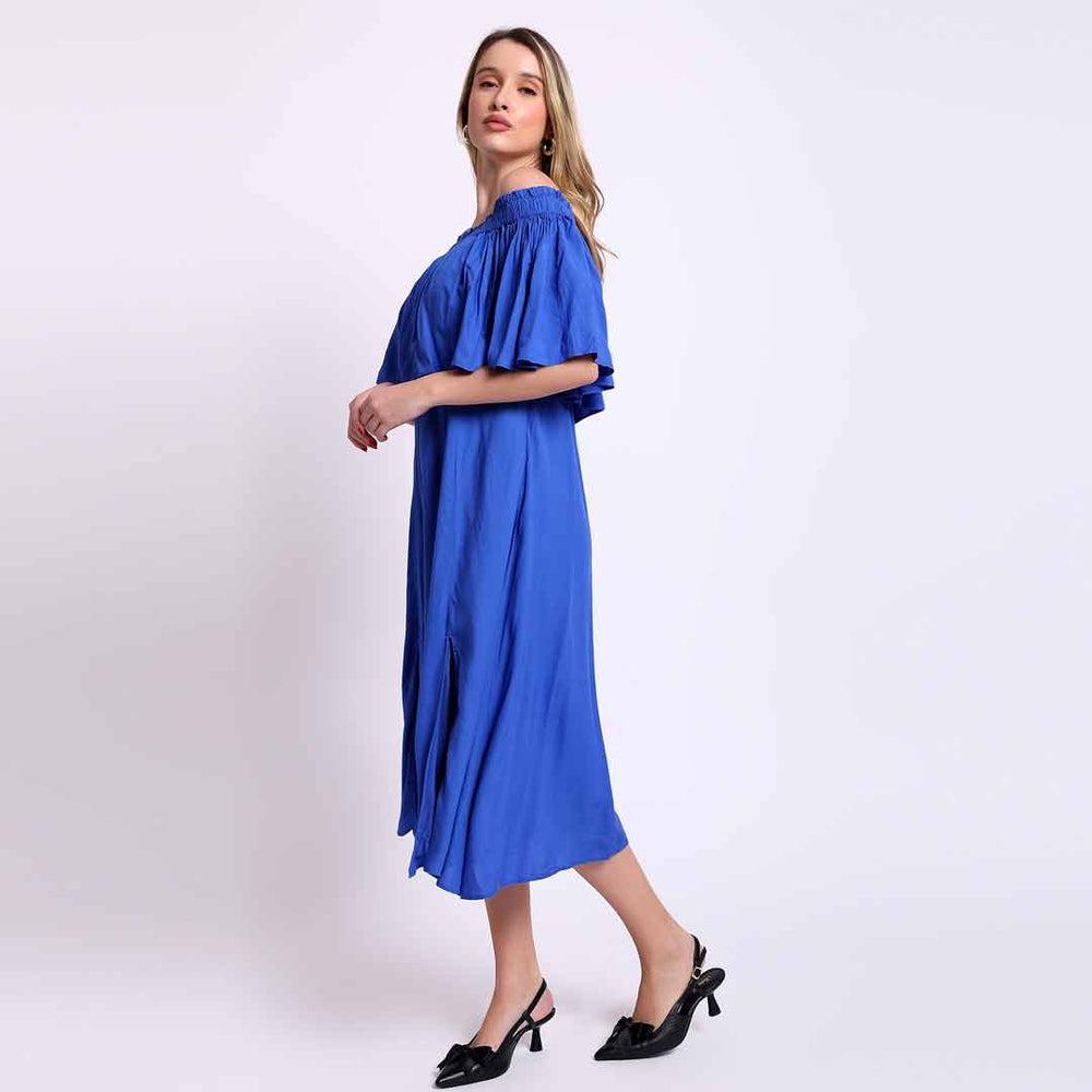 Women's off-shoulder midi dress by Saint Sephora, side view showing calf-length hem and front slit.
