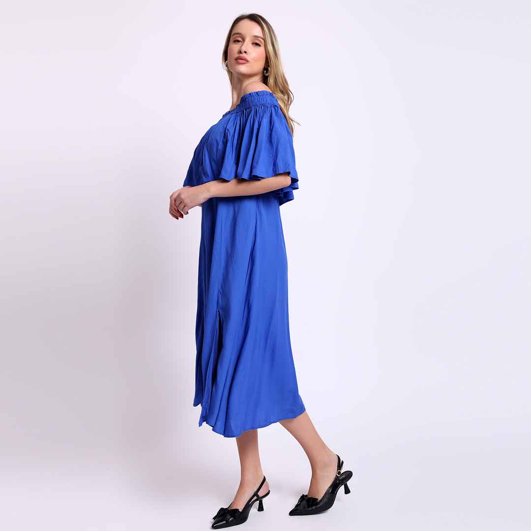 Women's off-shoulder midi dress by Saint Sephora, side view showing calf-length hem and front slit.