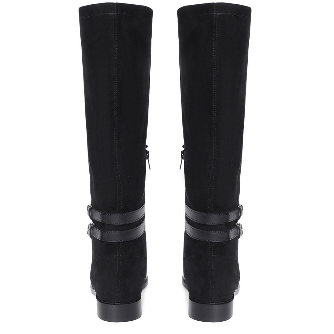 Saint Serafina black leather knee high boots, back pair view showing double buckle straps