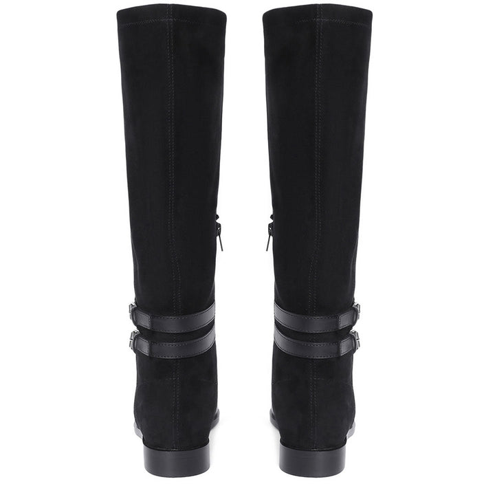 Saint Serafina black leather knee high boots, back pair view showing double buckle straps