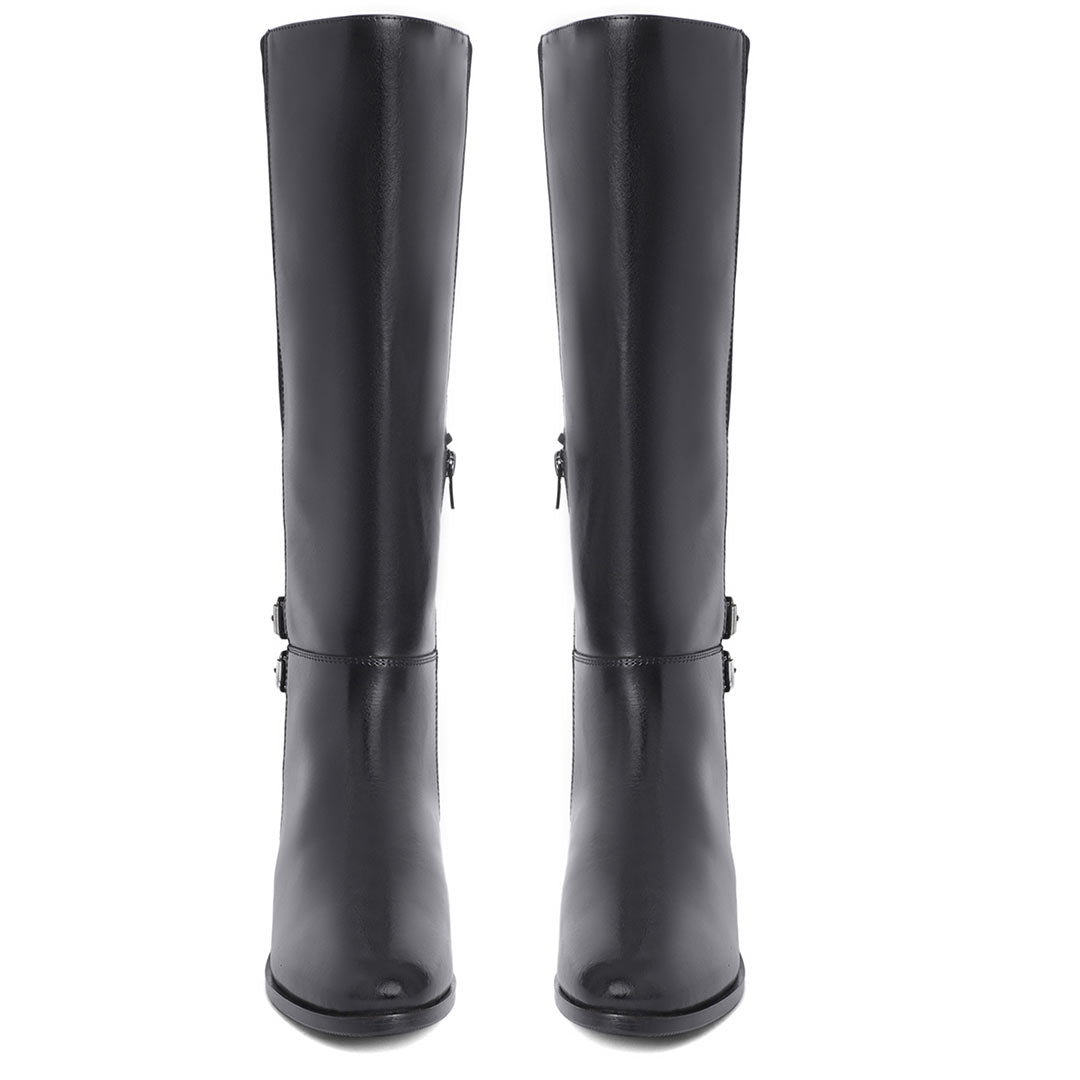Women's black leather knee high boots, front pair view of suede-panel design