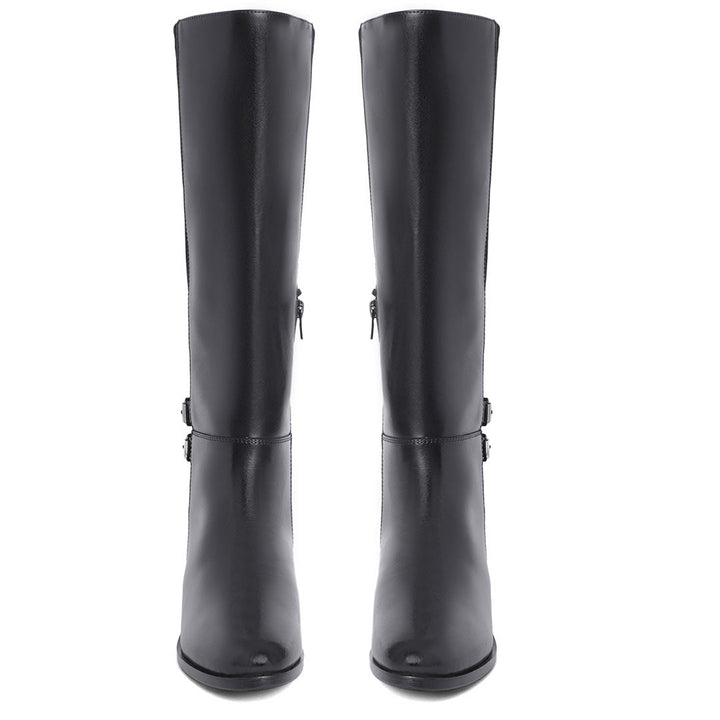 Women's black leather knee high boots, front pair view of suede-panel design