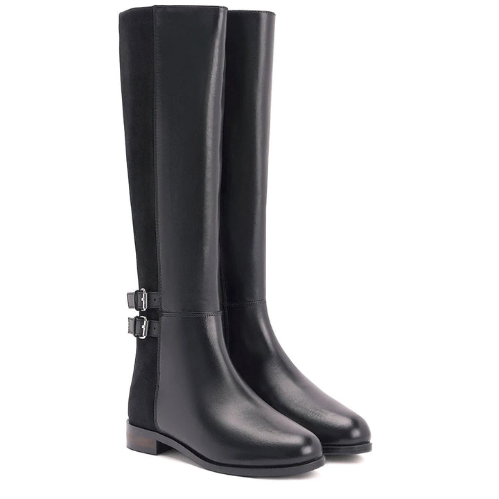 Black leather knee high boots for women UK, pair view showing suede panel and double buckle