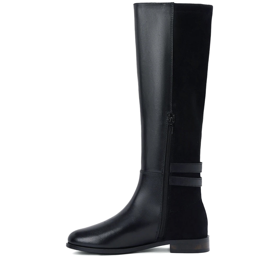Saint Serafina black knee high boots, alternate side view of double buckle strap