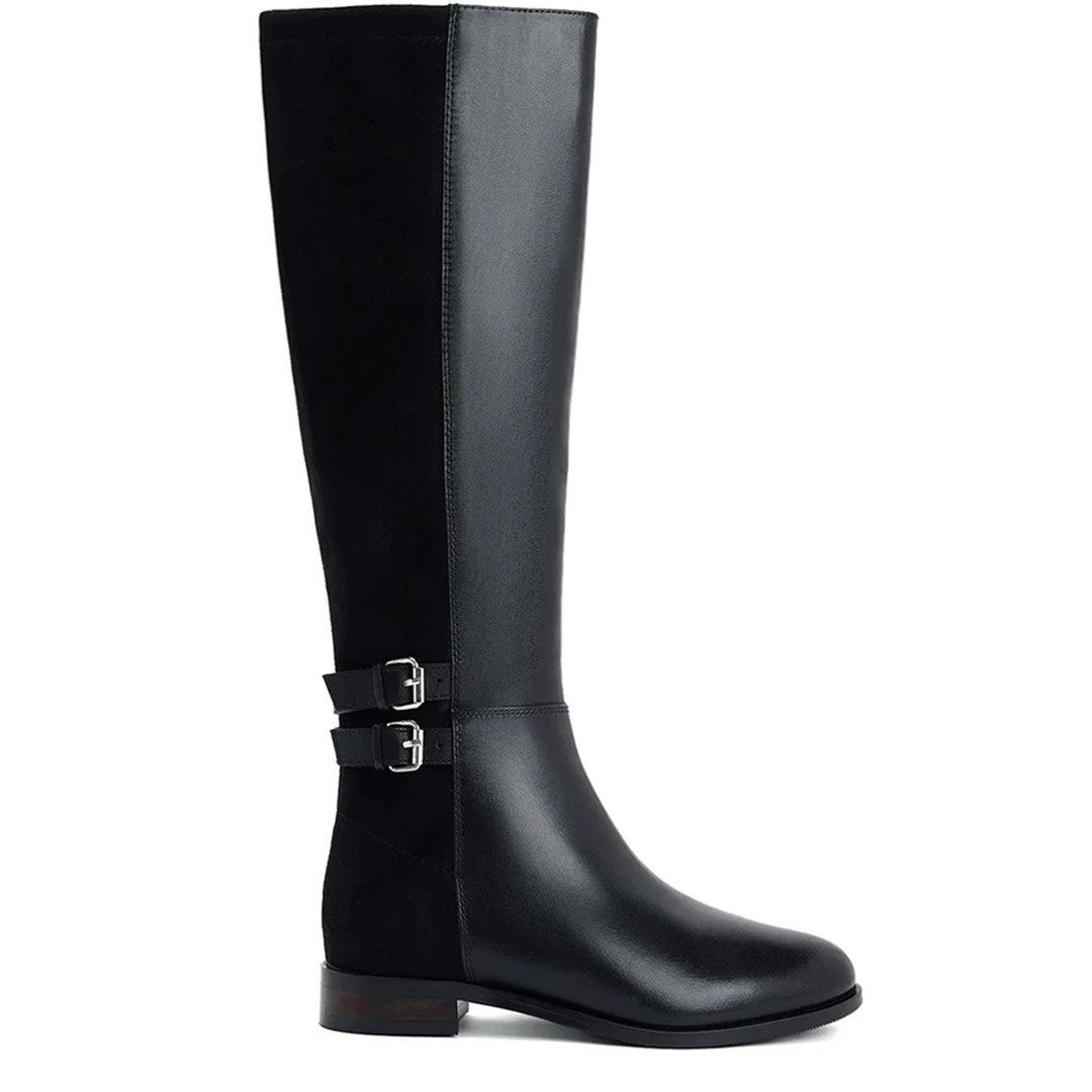 Saint Serafina black leather knee high boots for women, side view of suede-panel double buckle design