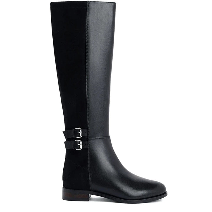 Saint Serafina black leather knee high boots for women, side view of suede-panel double buckle design