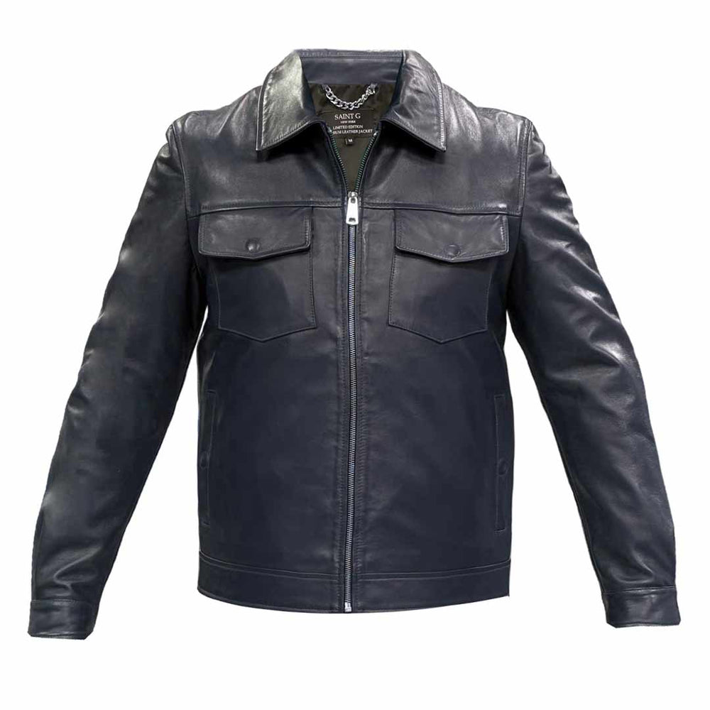 Navy blue leather jacket with a shirt collar and chest pockets, shown flat.