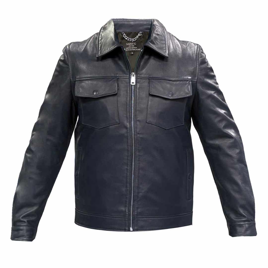 Navy blue leather jacket with a shirt collar and chest pockets, shown flat.