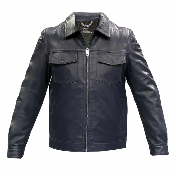 Navy blue leather jacket with a shirt collar and chest pockets, shown flat.