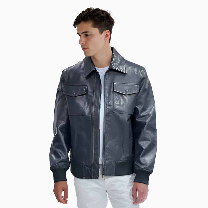 Man wearing an open navy blue leather jacket with a shirt collar.