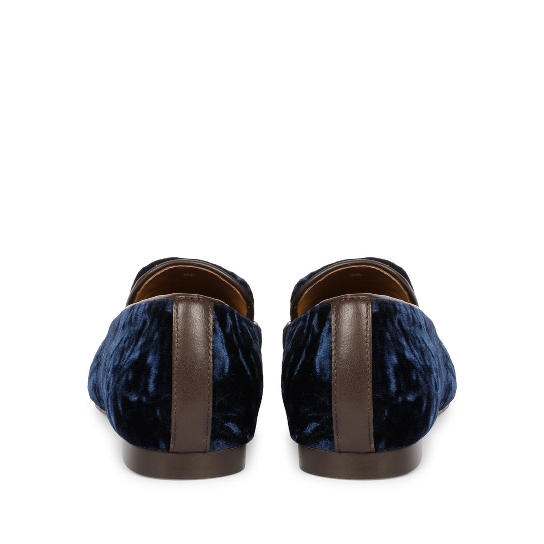 Best women's navy blue crushed velvet tassel loafer moccasins – ladies heel and back view, UK