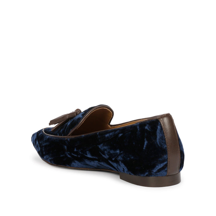 Best women's navy blue crushed velvet tassel loafer moccasins, ladies texture detail view, UK