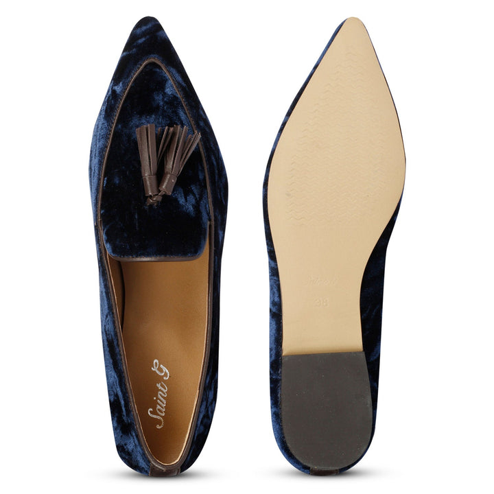 Best ladies navy blue crushed velvet tassel loafer moccasins, women's front tassel detail, UK