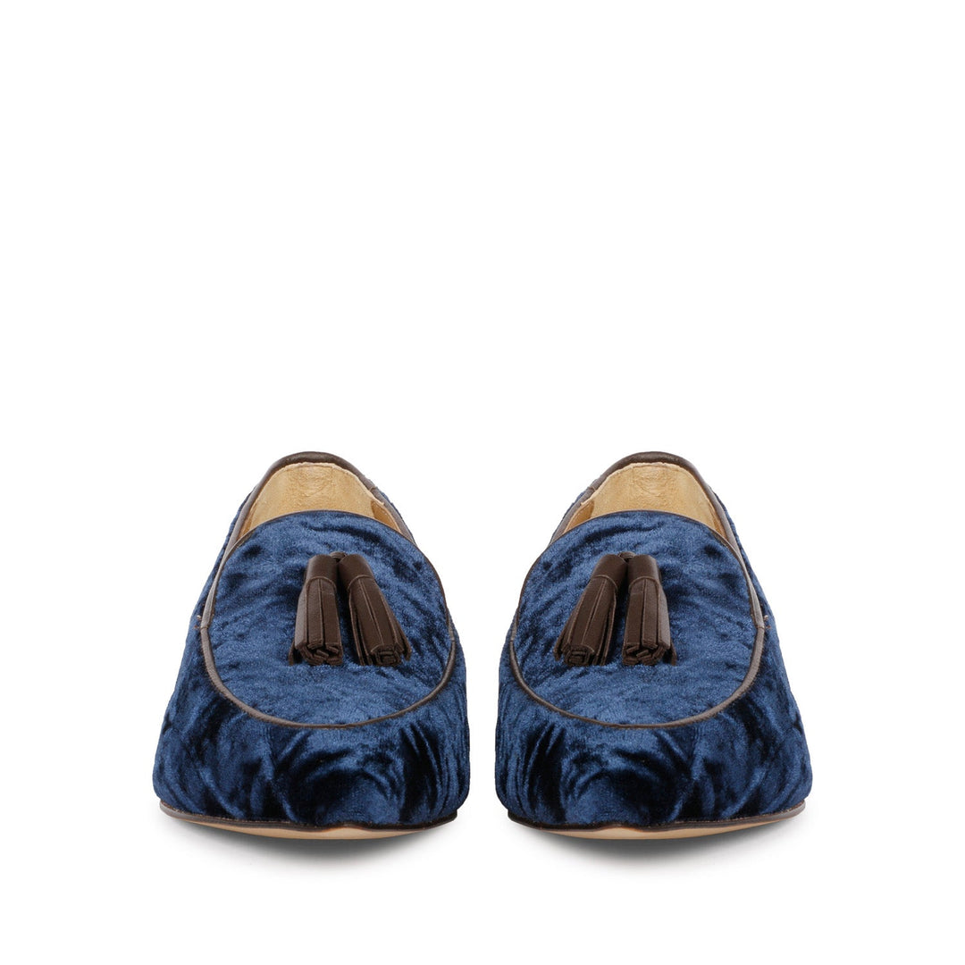 Women's navy blue crushed velvet tassel loafer moccasins, ladies toe front view – best UK