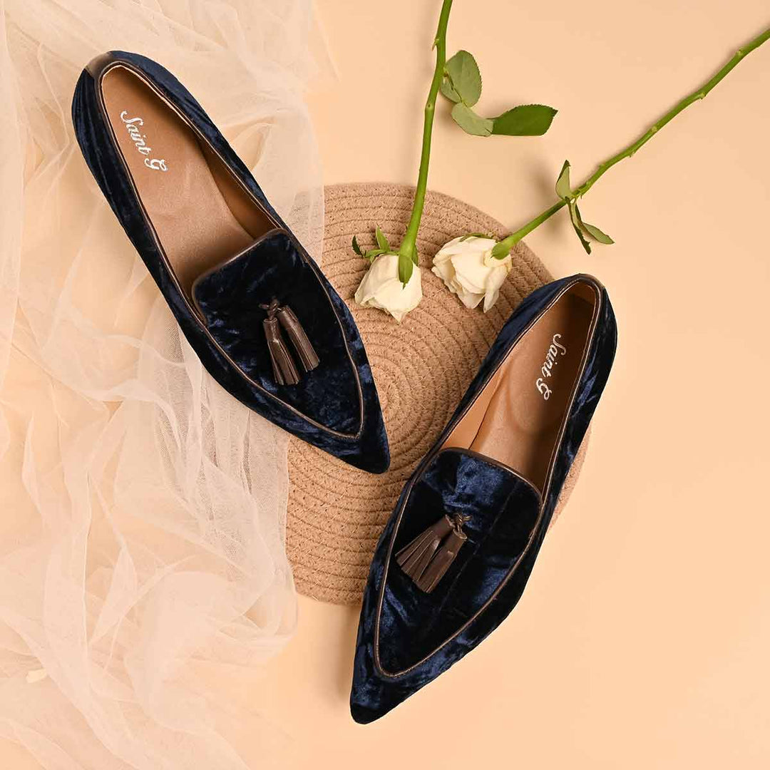 Best navy blue crushed velvet tassel loafer moccasins for women – ladies lifestyle shot, UK