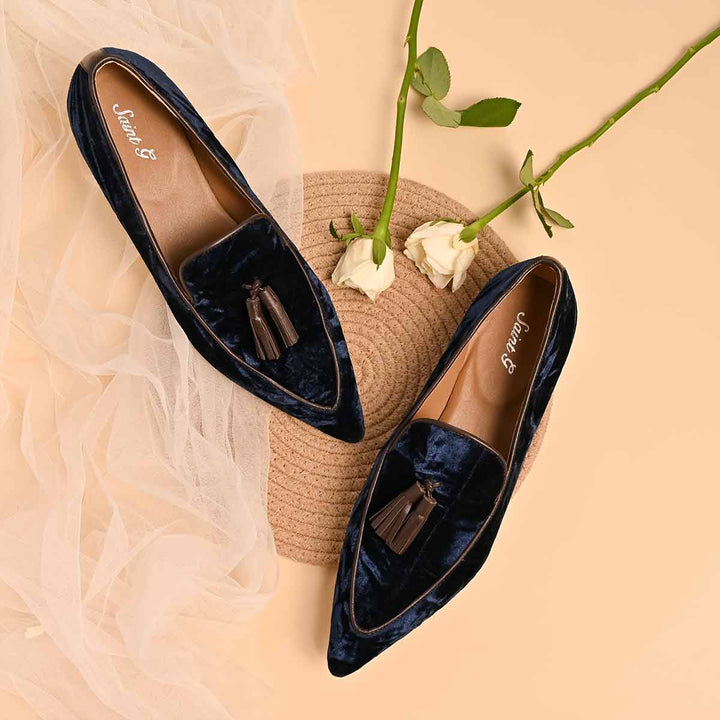 Best navy blue crushed velvet tassel loafer moccasins for women – ladies lifestyle shot, UK