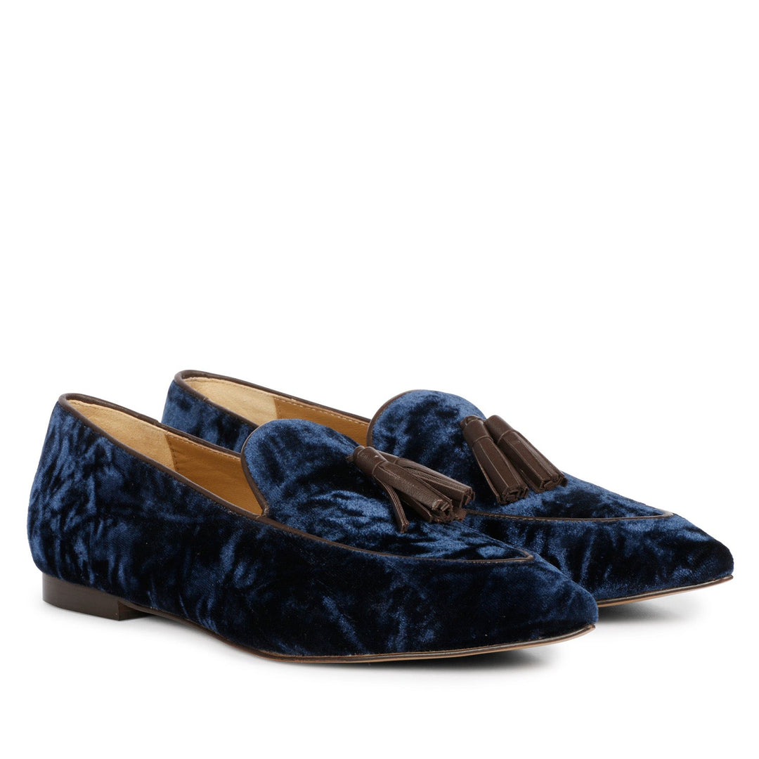 Women's navy blue crushed velvet tassel loafer moccasins, ladies pair view – best sellers UK