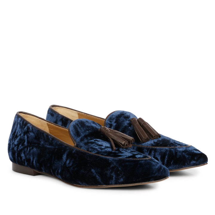 Women's navy blue crushed velvet tassel loafer moccasins, ladies pair view – best sellers UK