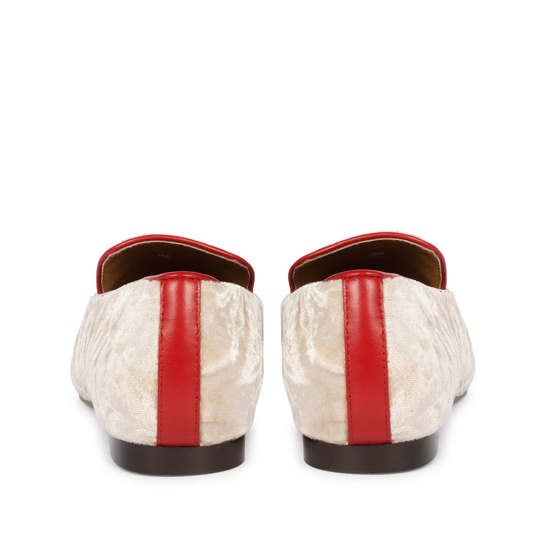 Best women's cream velvet tassel loafer moccasins with red trim – ladies heel and back view, UK