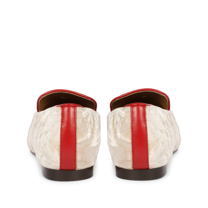 Best women's cream velvet tassel loafer moccasins with red trim – ladies heel and back view, UK