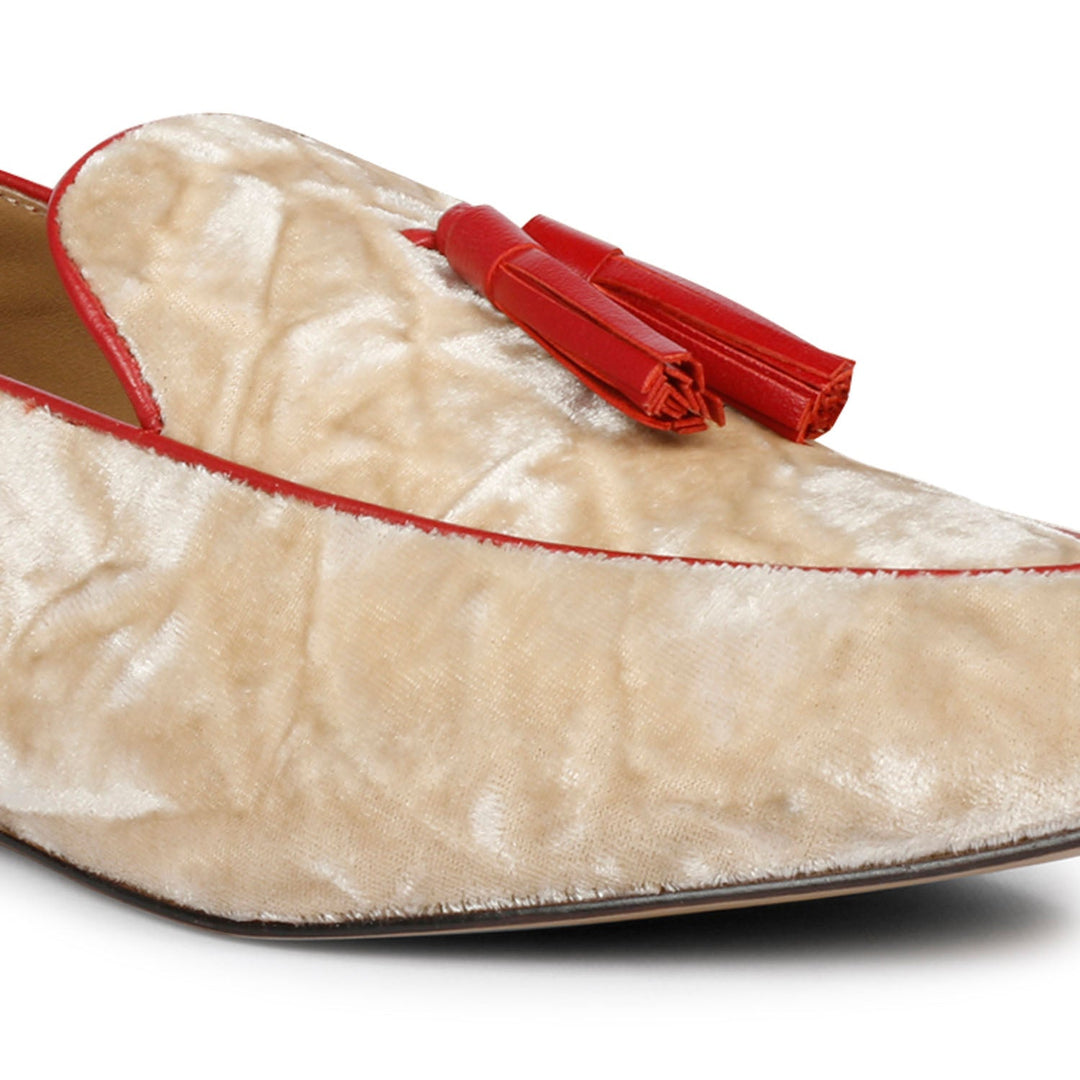 Women's cream velvet tassel loafer moccasins with red trim, ladies close-up detail – best UK