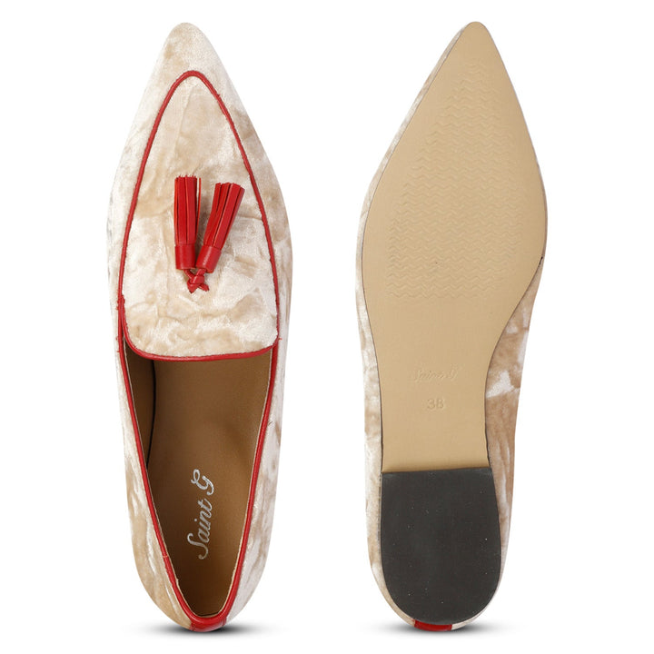 Best ladies cream velvet tassel loafer moccasins with red trim, women's top and sole flat lay, UK