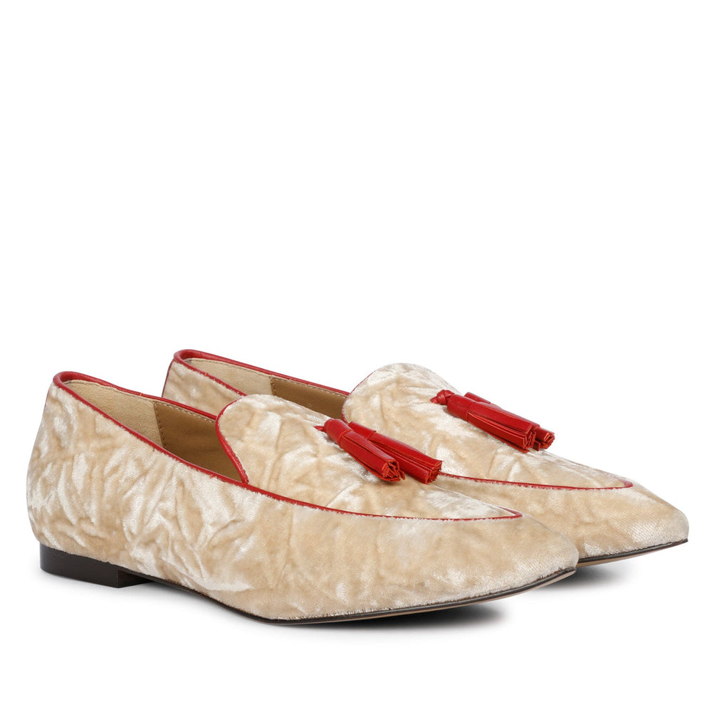 Women's cream velvet tassel loafer moccasins with red trim, ladies pair view – best sellers UK