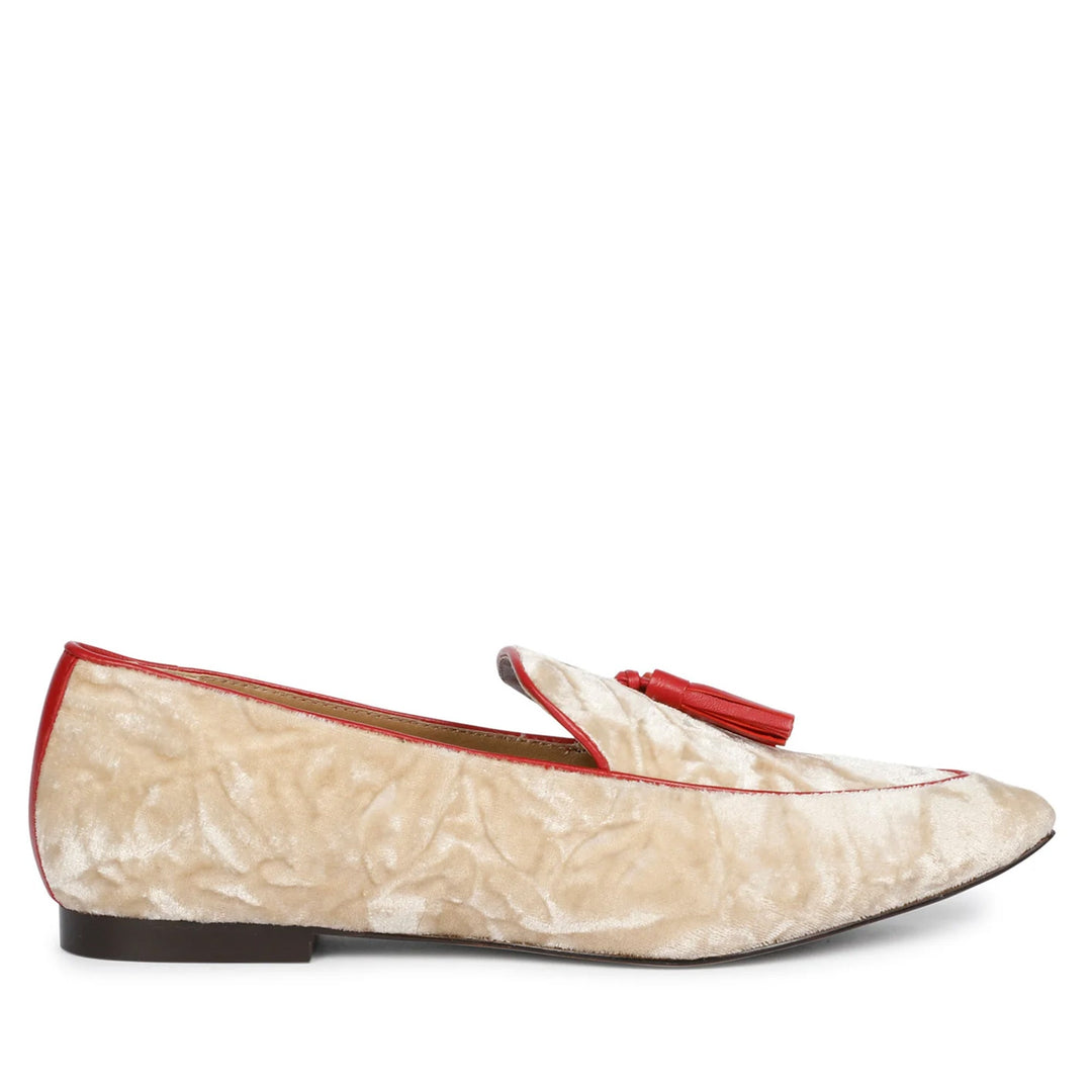 Best cream velvet tassel loafer moccasins with red trim for women – ladies side profile view, UK