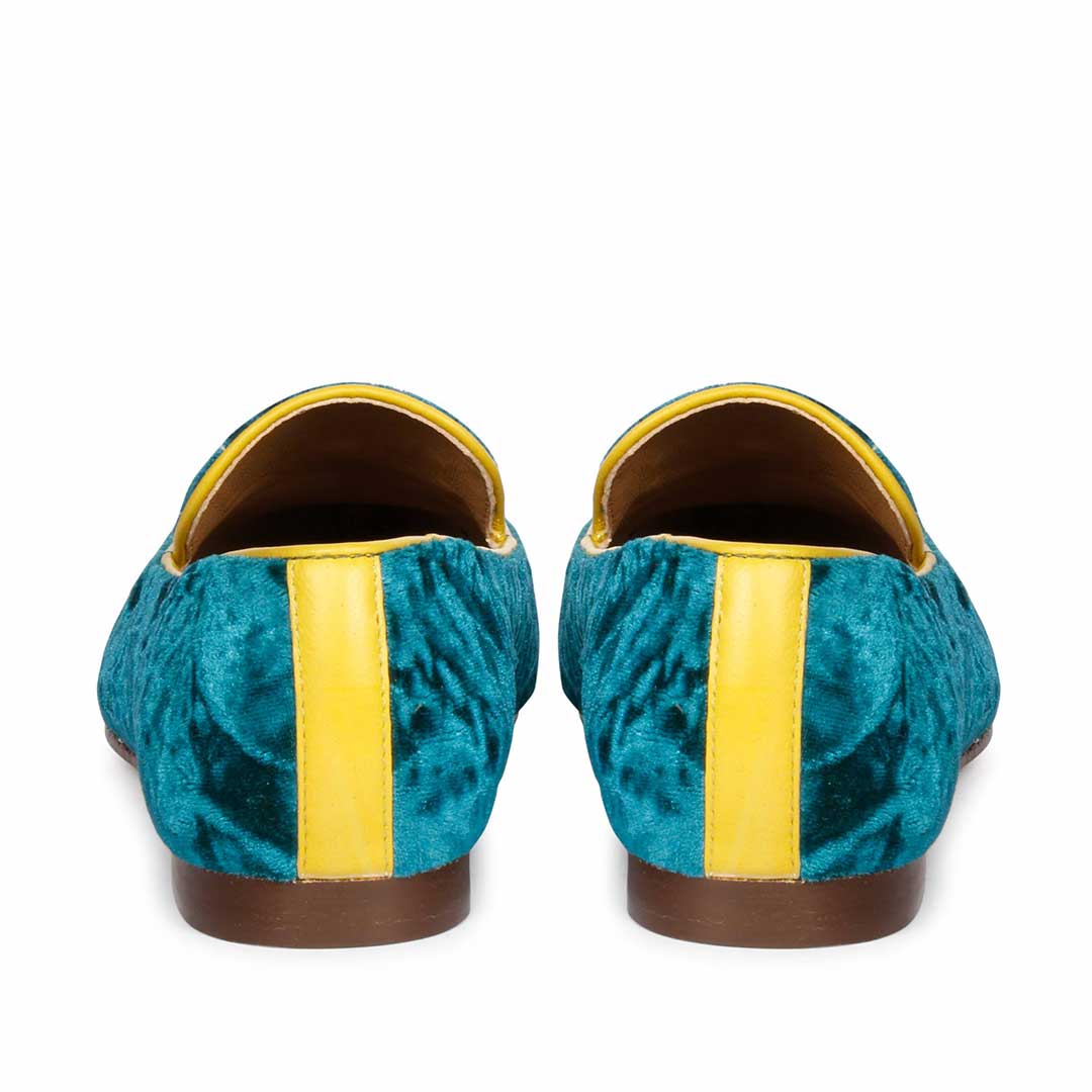 Best women's teal green crushed velvet tassel loafer moccasins with yellow trim – ladies heel and back view, UK