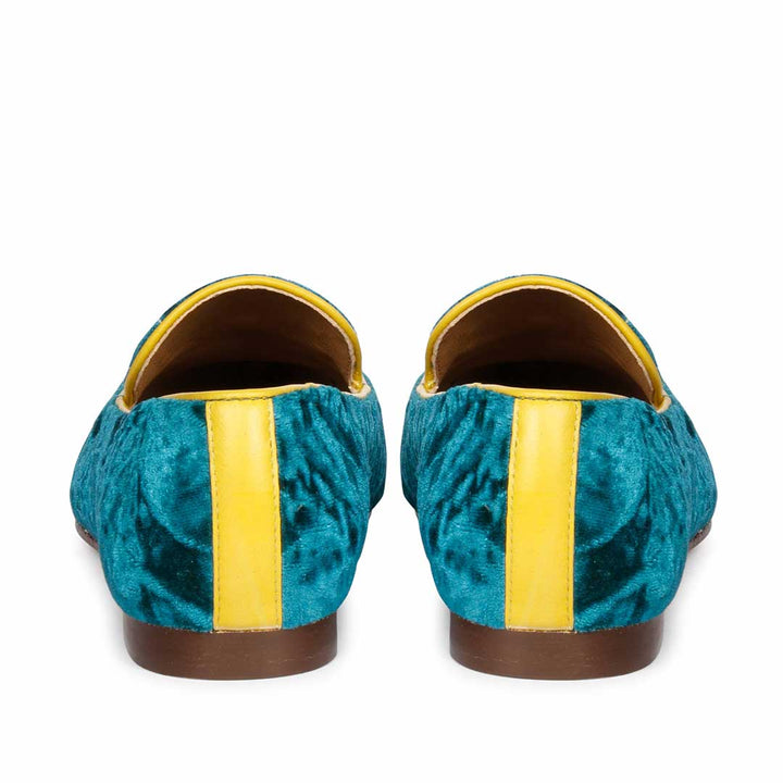 Best women's teal green crushed velvet tassel loafer moccasins with yellow trim – ladies heel and back view, UK