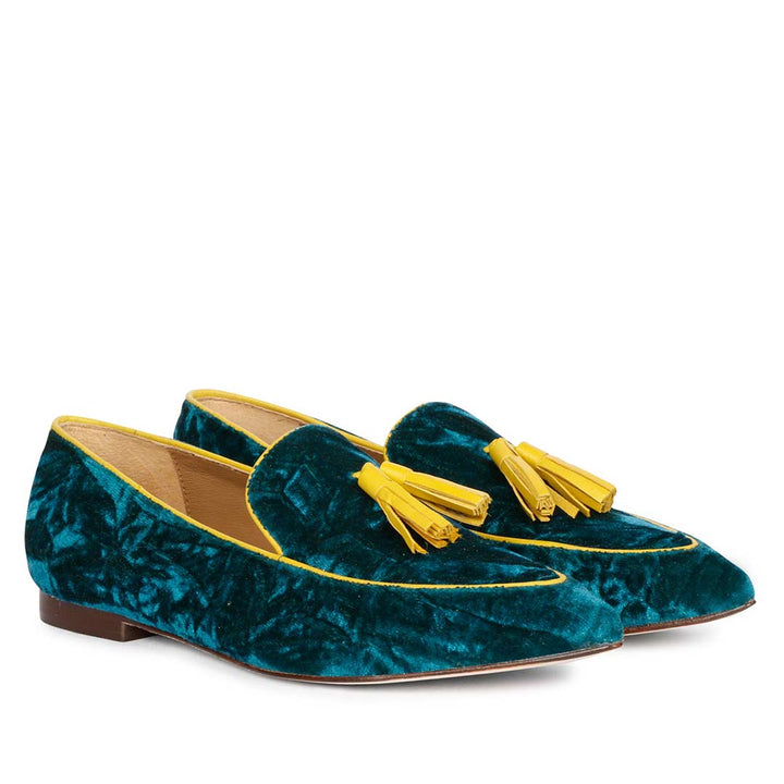 Women's teal green crushed velvet tassel loafer moccasins with yellow trim, ladies close-up detail – best UK